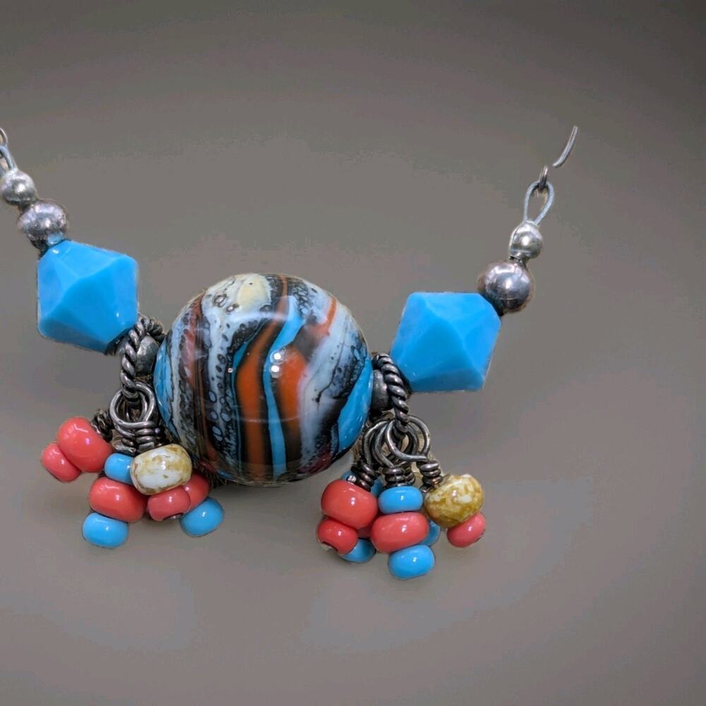 Sterling 925 Red White Blue Lampworks Glass Beads Heart Shaped Clasp Vintage